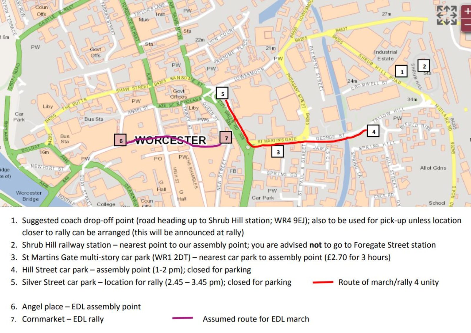 Map of assembly point and route of counter demo