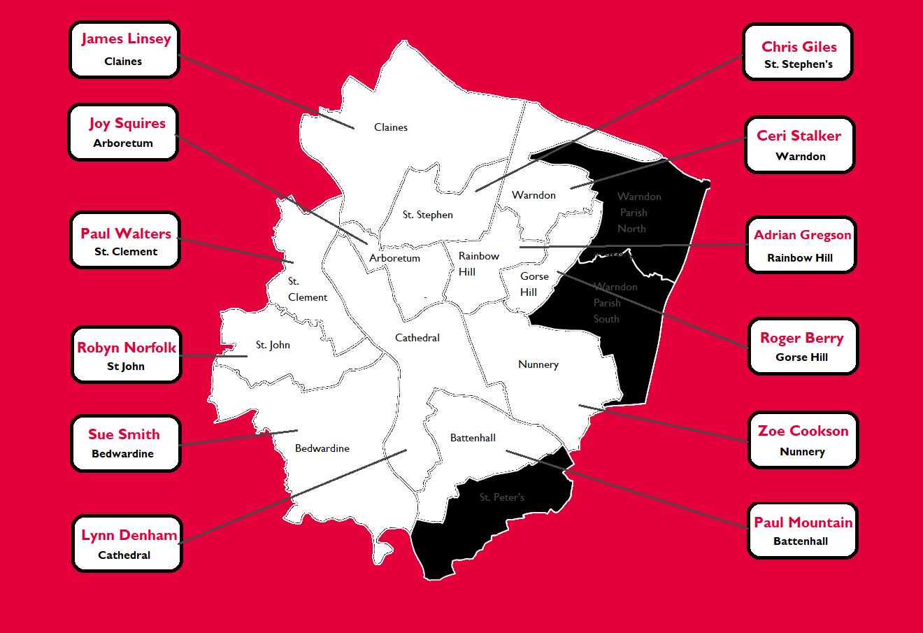 Map of City wards where are elections taking place and Labour Party candidates standing in each
