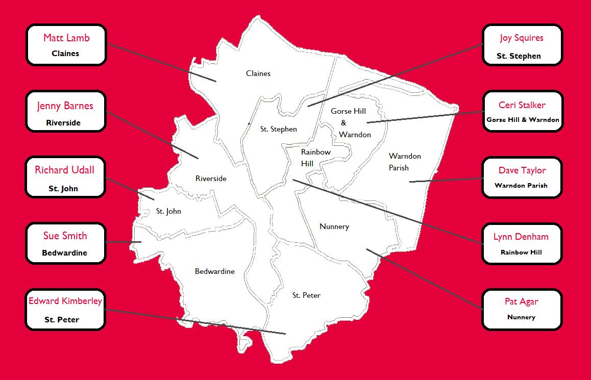 Map of city divisions within Worcestershire County Council where are elections taking place and Labour Party candidates standing in each