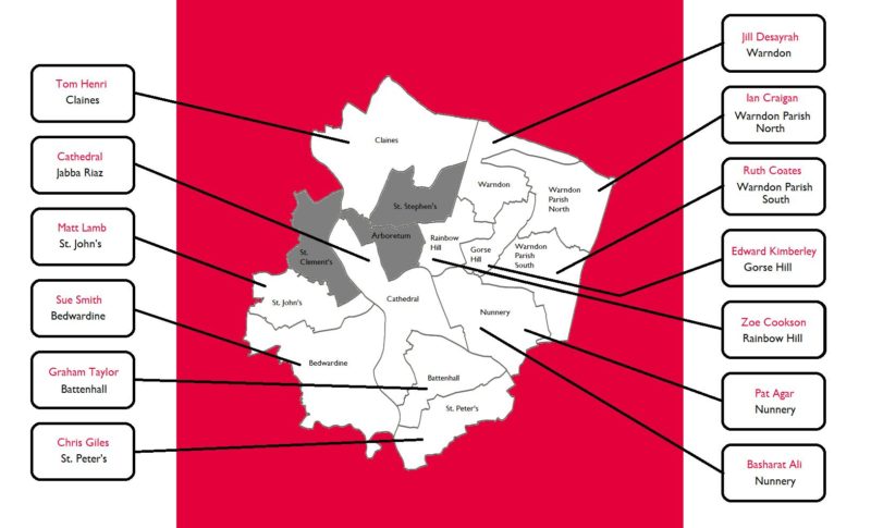 Map of City wards where are elections taking place and Labour Party candidates standing in each