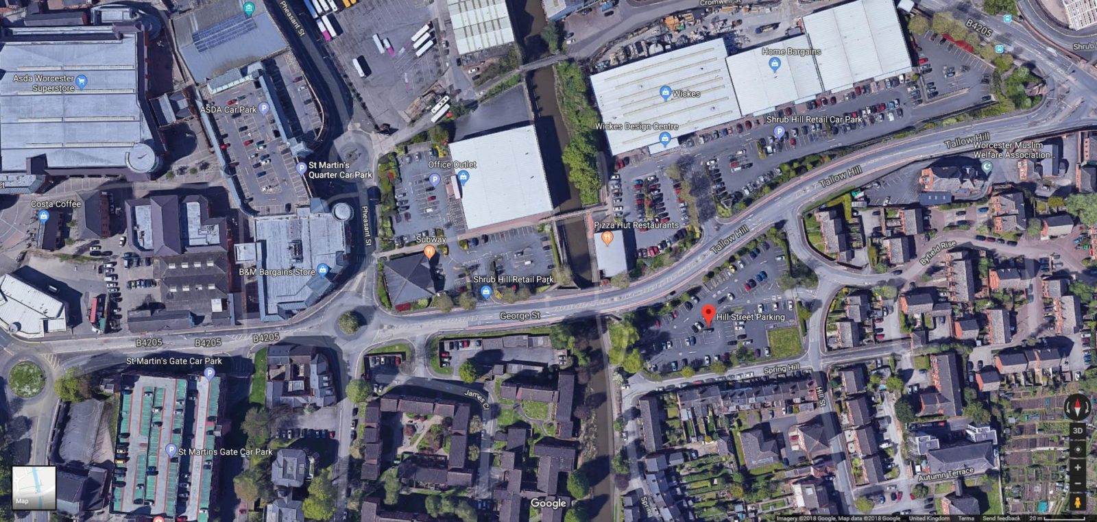 Map of area of Worcester showing Hill Street Car Park (off Tallow Hill) opposite Shrub Hill Retail Park
