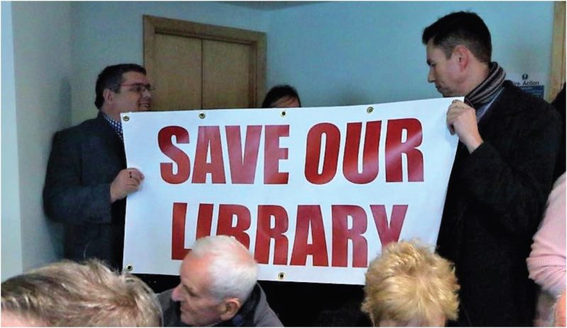 Labour Manifesto for Worcester 2019: Investing in our Communities. Labour councillors holding "SAVE OUR LIBRARY" banner.