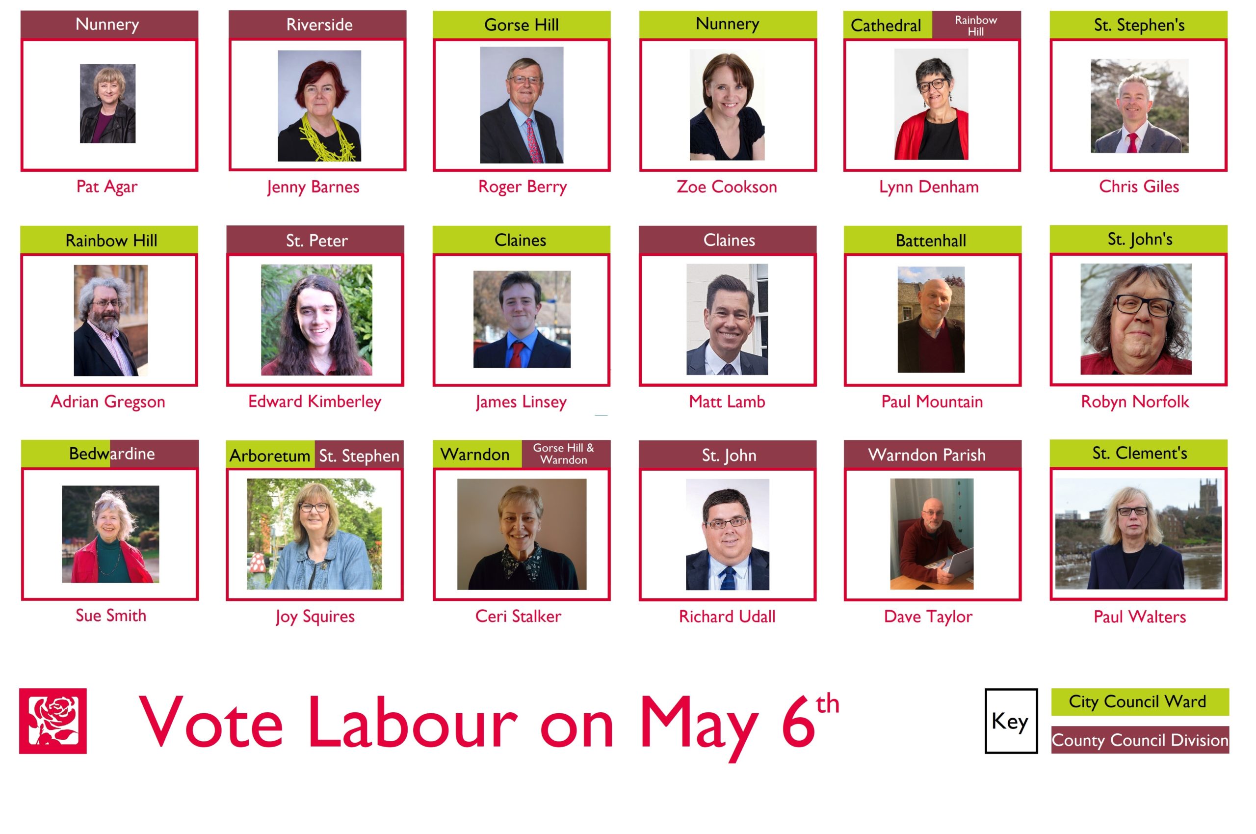 Labour Councillors standing in all Worcester Wards and Divisions