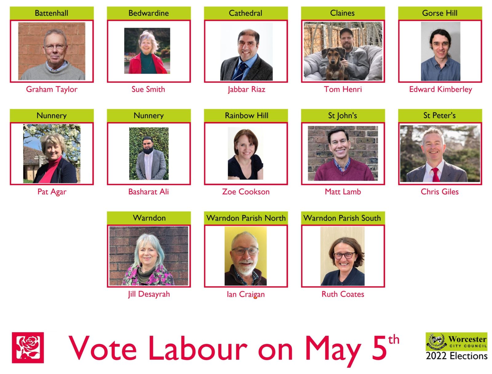 Labour Councillors standing in all Worcester wards in 2022 city elections