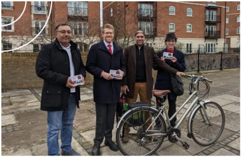 Cllr Jabbar Riaz and Labour Parliamentary  Candidate Tom Collins out on the ground  looking at how to improve walking and  cycling routes across Worcester.