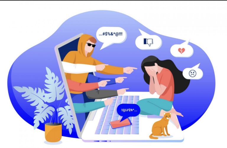 Cartoon showing upset girl being cyber-bullied