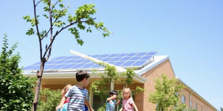 Children playing outside a school with solar panels