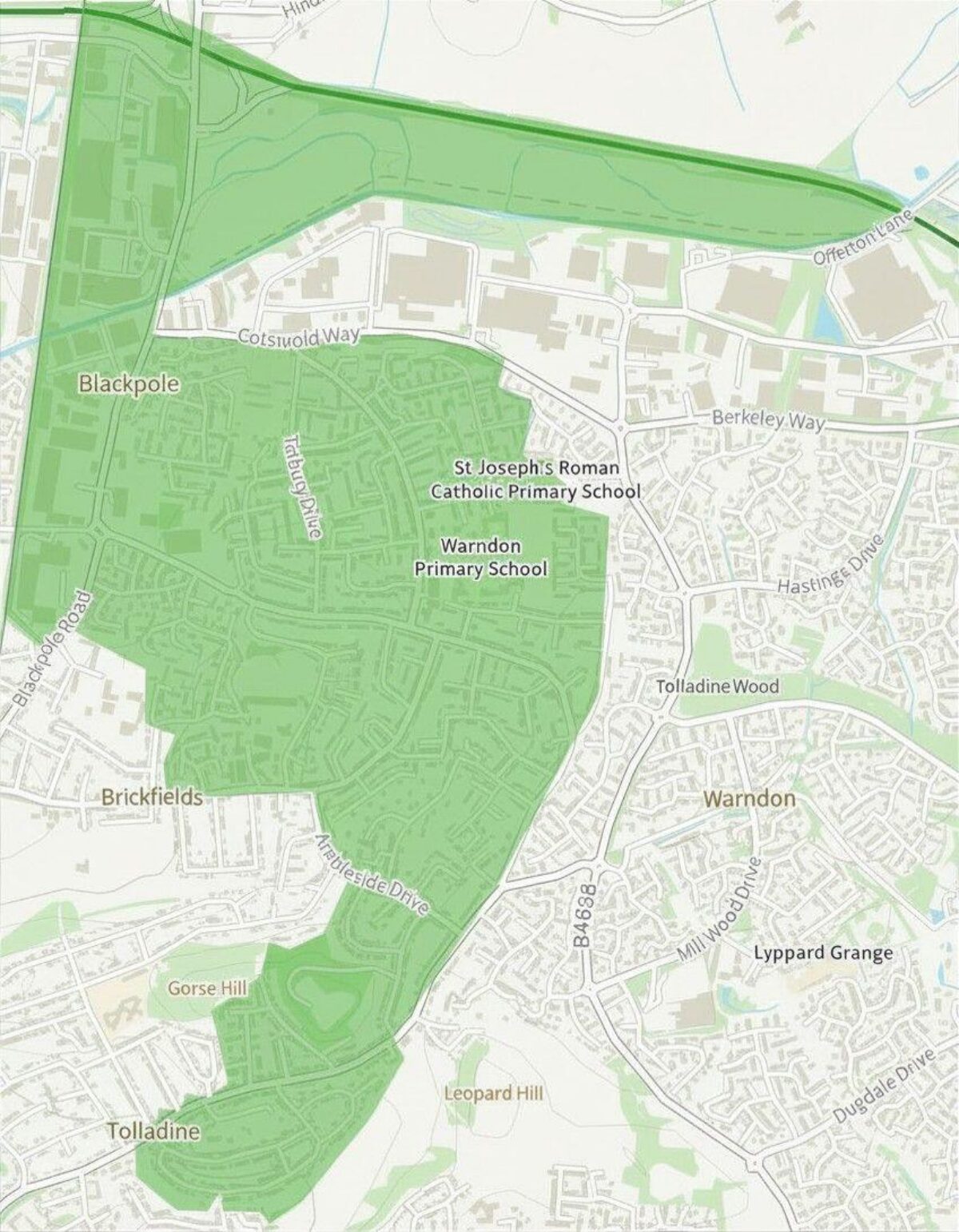 A map of Warndon and Elbury ward boundaries 