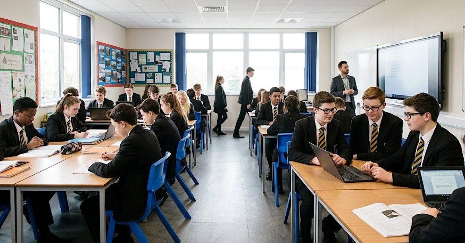 British secondary school students in school uniforms learning in a bright modern classroom, students sitting at desks engaged in lessons, natural window lighting, contemporary educational setting, AI photojournalistic document