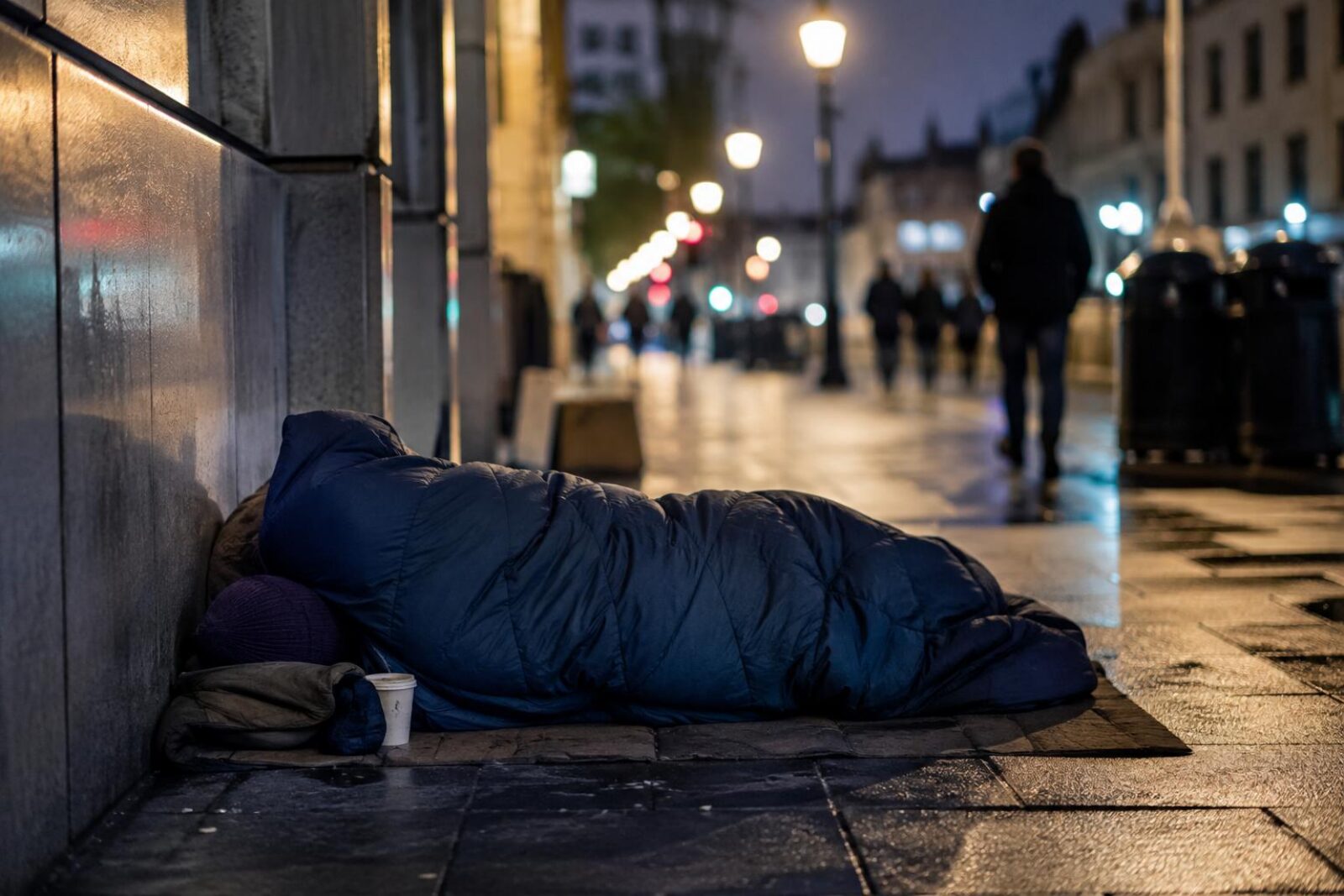 Someone sleeping rough in a sleeping bag on a cold wet night